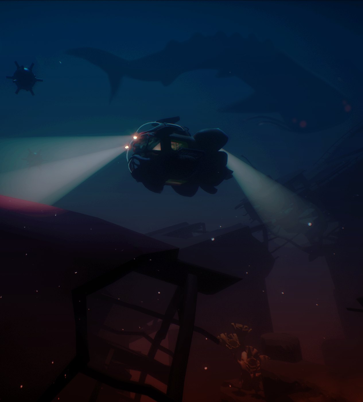A crew's submarine shines its headlights through dark water past floating mines and wreckage as a huge leviathan silhouette passes overhead